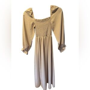 Smocked Midi Dress Beige Long Puff Sleeves Square Neck Size S